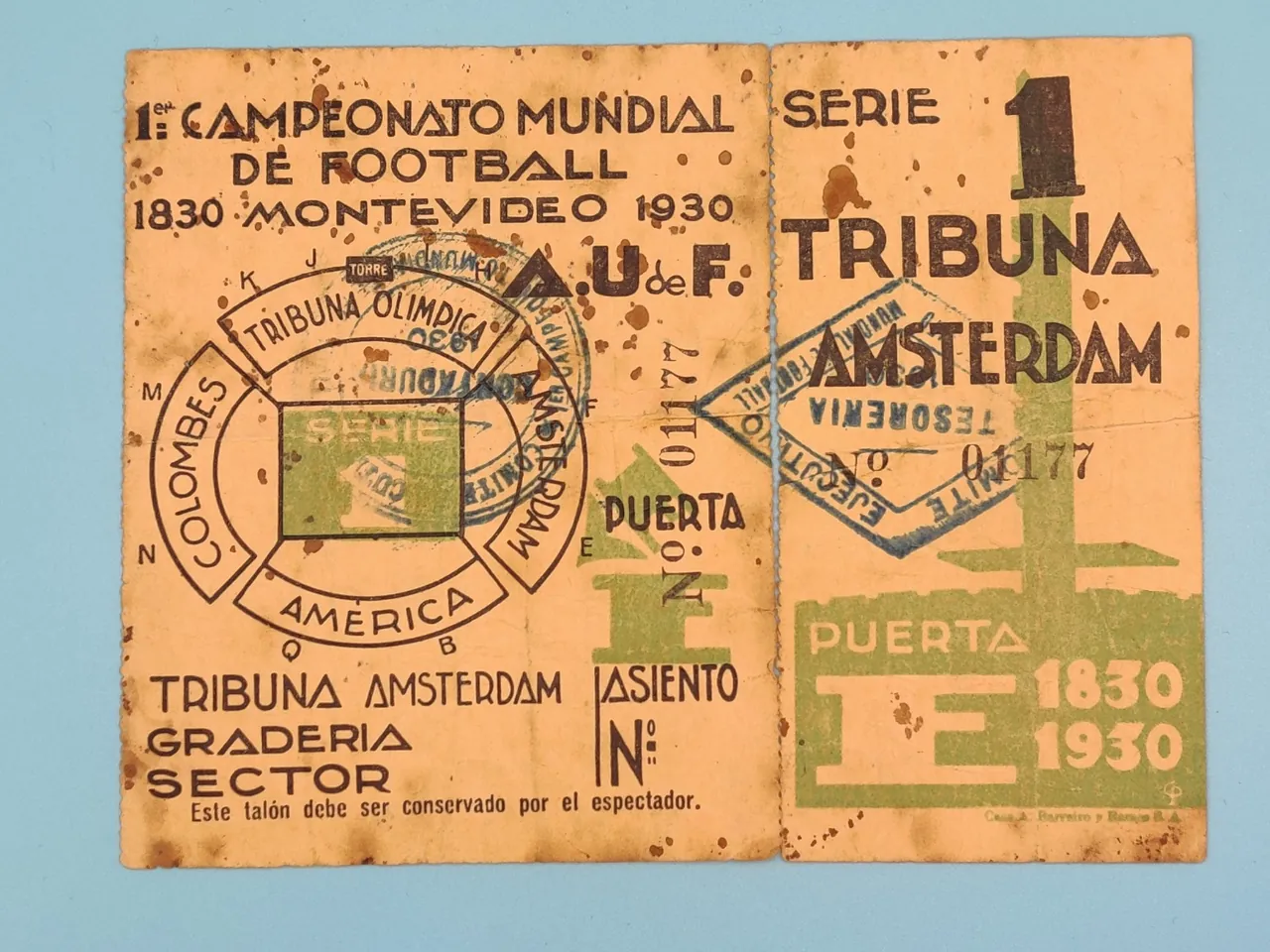 Original physical ticket for Uruguay versus Peru at the opening of the Estadio Centenario in 1930
