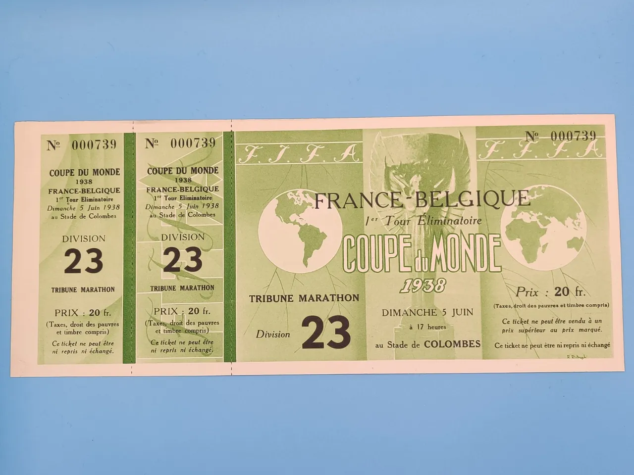 Original physical ticket for France versus Belgium at the 1938 World Cup