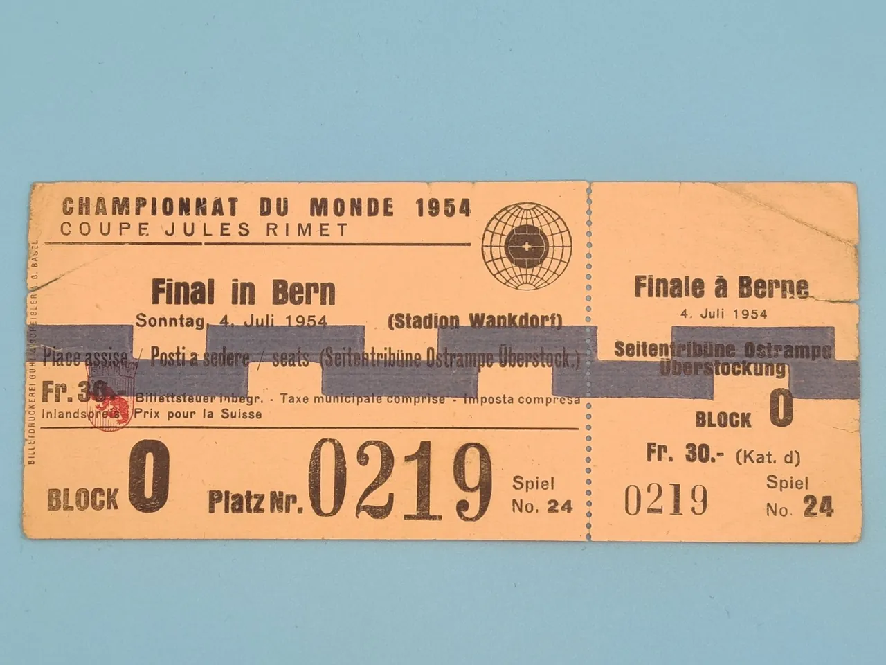 Original physical ticket for the 1954 World Cup final between West Germany and Hungary