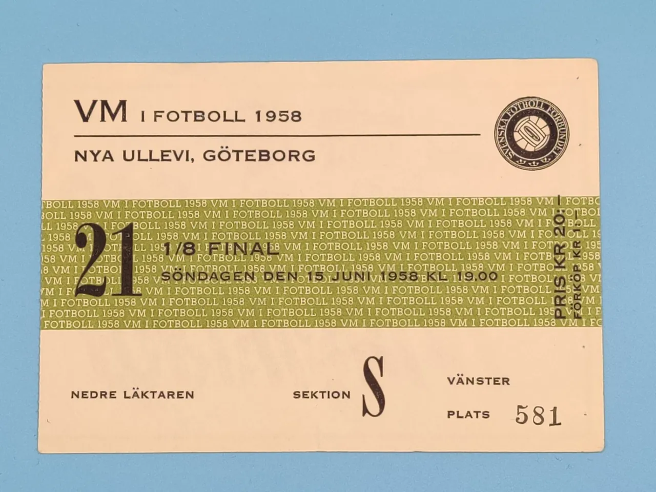 Original physical ticket for Brazil versus the Soviet Union at the 1958 World Cup