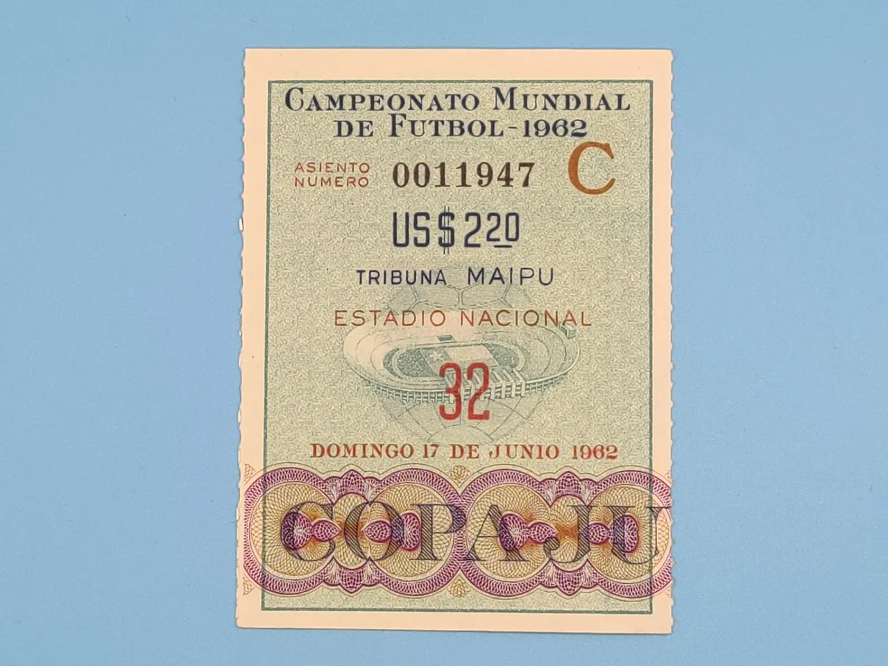 Original physical ticket for the 1962 World Cup final between Brazil and Czechoslovakia