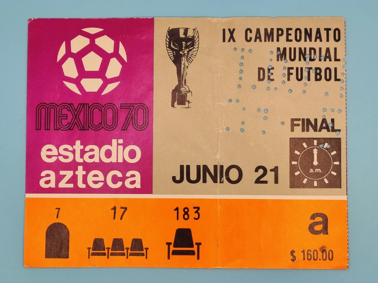 Original physical ticket for the 1970 World Cup final between Brazil and Italy