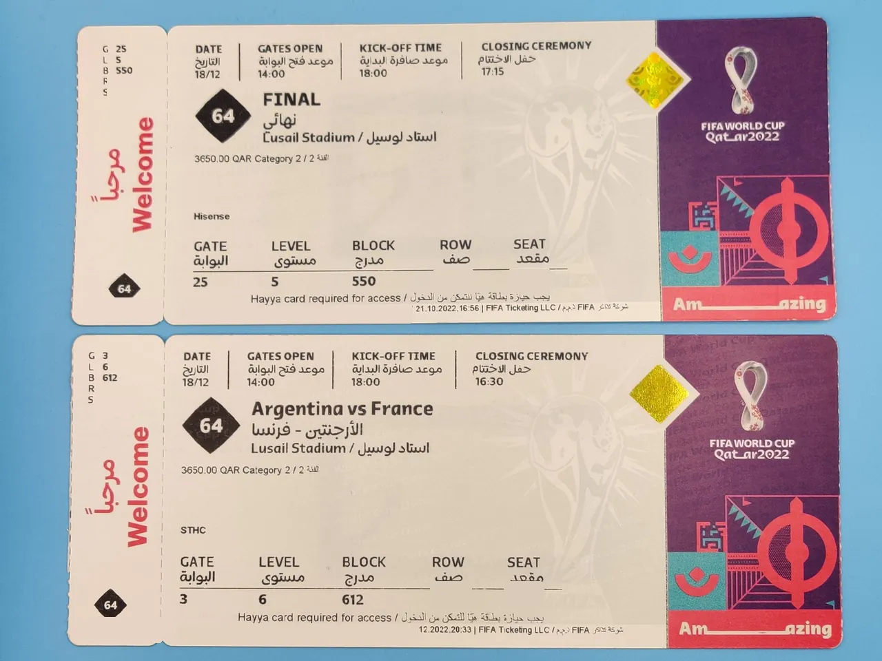 Two original physical admission tickets for the 2022 World Cup final between Argentina and France